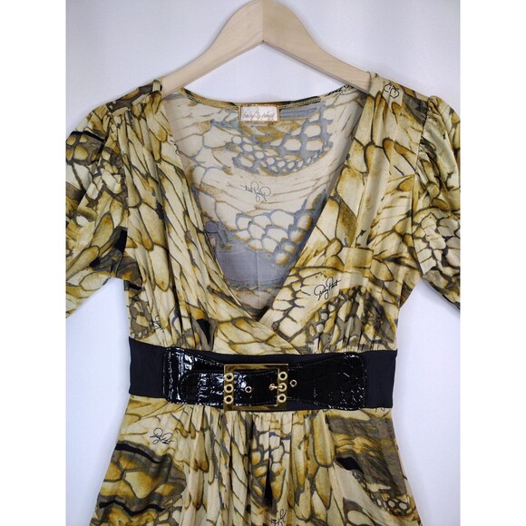 Baby Phat Tan Black Stretchy Belted Short-Sleeve Midi Dress Small Deep v-neck - Picture 3 of 11